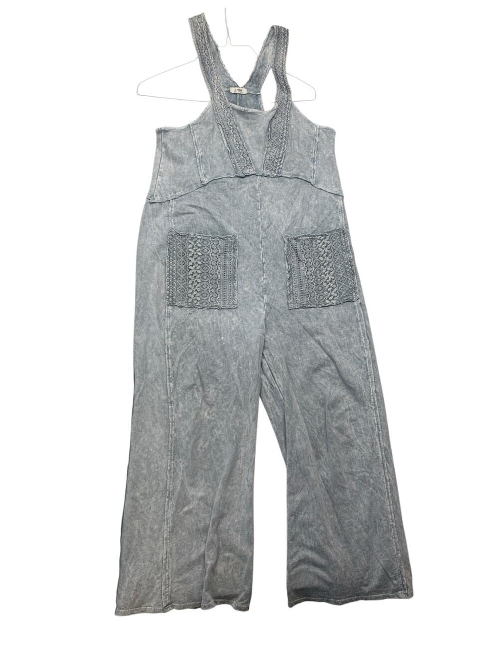 j her boutique medium Washed Gray Wide-Leg cropped Overalls Crochet Pockets